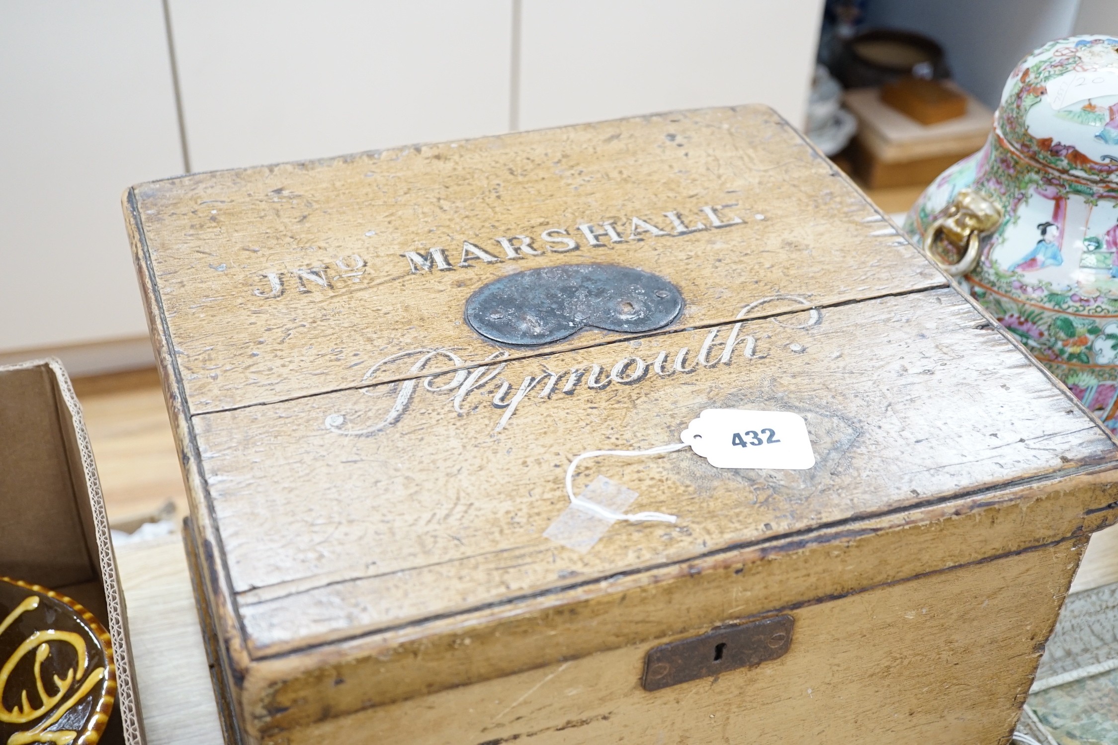 A 19th century square painted pine box inscribed JNo Marshall. Plymouth, 37cms deep x 39cms wide x 30cms high